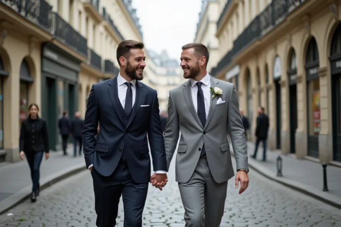 Couple de deux hommes en tenue de mariage se promenant dans une rue pavée parisienne