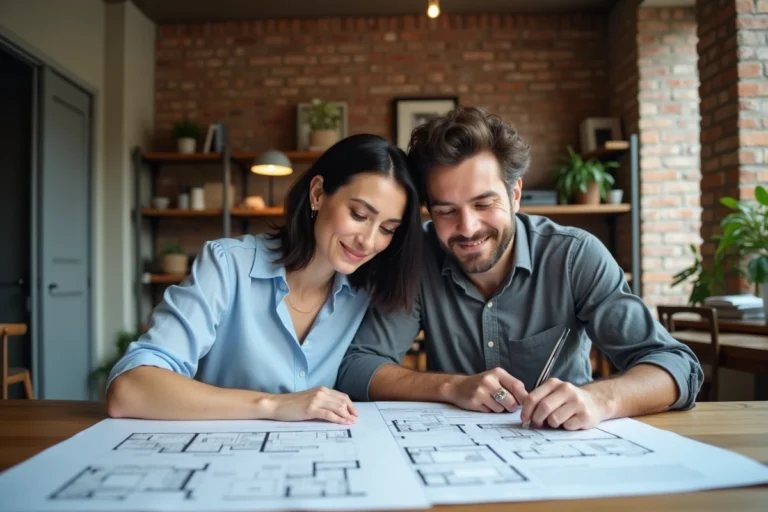 Couple examinant des plans immobiliers et des documents de projet à leur table, préparant leur achat immobilier