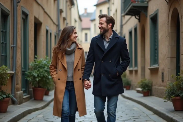 Couple se promenant main dans la main dans une rue pavée lors d'une sortie romantique au quotidien