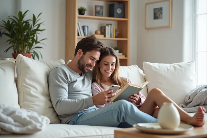 Couple détendu dans leur salon scandinave lors d'un moment de repos partagé en semaine