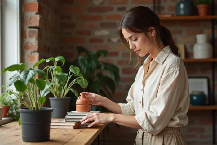 Décoratrice d'intérieur arrangeant des objets décoratifs sur une étagère en bois avec plantes et livres dans un studio chaleureux