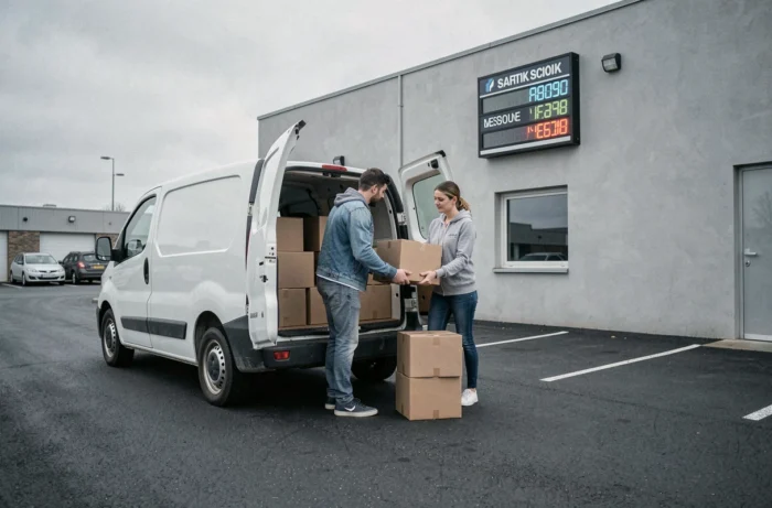 Couple déchargeant des cartons devant un entrepôt de location de box avec panneau de tarifs visible en arrière-plan
