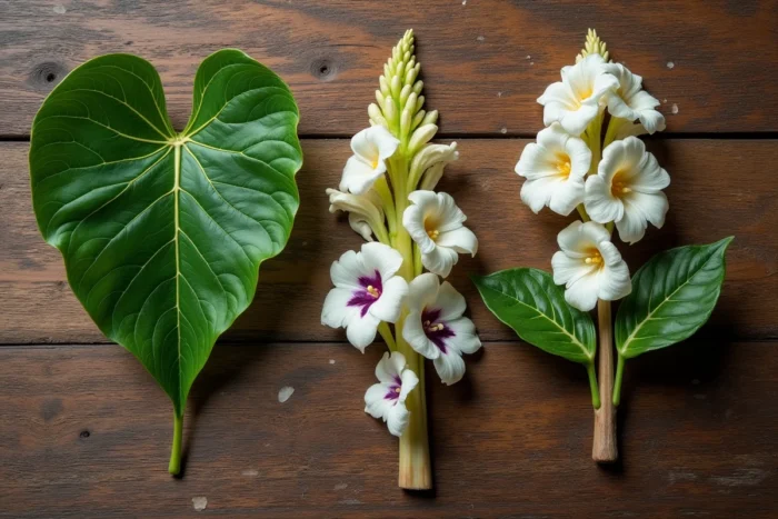 Détail botanique en gros plan de feuilles, fleurs et gousses de catalpa posées sur une table en bois patiné