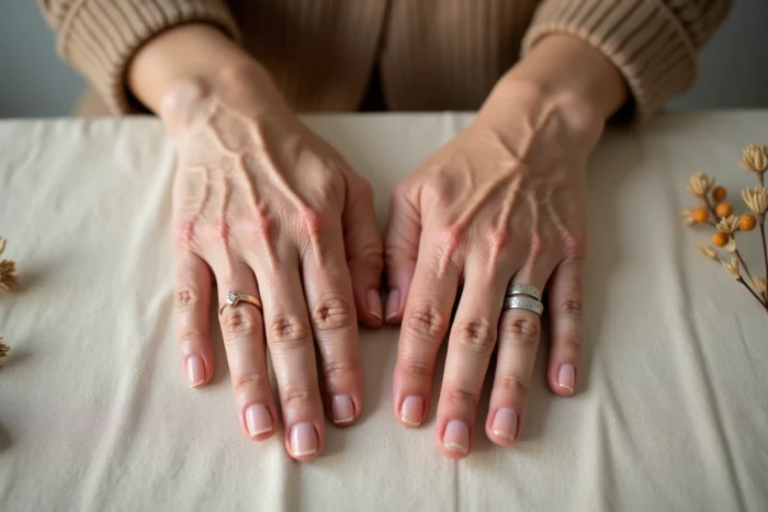 Deux mains de femmes portant des alliances familiales en hommage à un proche disparu