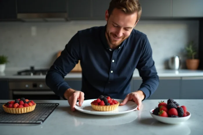Homme dressant une tarte aux fruits maison dans une cuisine moderne avec plan de travail en béton