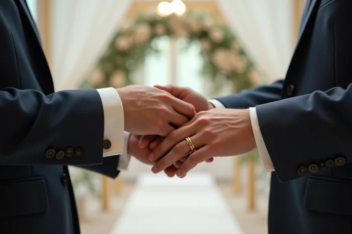 Gros plan sur l'échange d'alliances entre deux hommes lors d'un mariage élégant