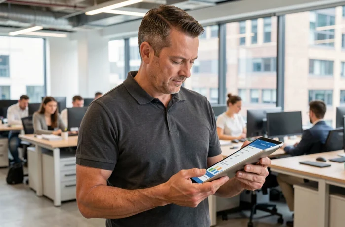 Employé debout dans un bureau moderne consultant son planning salarié sur une tablette numérique