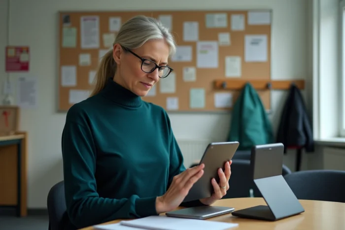Enseignante consultant sa messagerie académique de Strasbourg sur une tablette dans la salle des professeurs