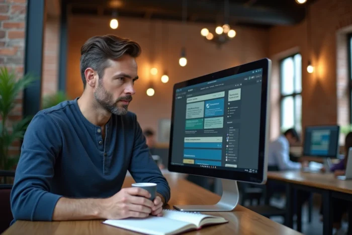 Entrepreneur masculin utilisant des outils professionnels en ligne dans un espace de coworking urbain