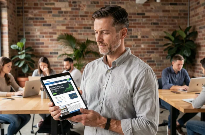 Entrepreneur consultant un site d'informations économiques sur une tablette dans un espace de coworking moderne