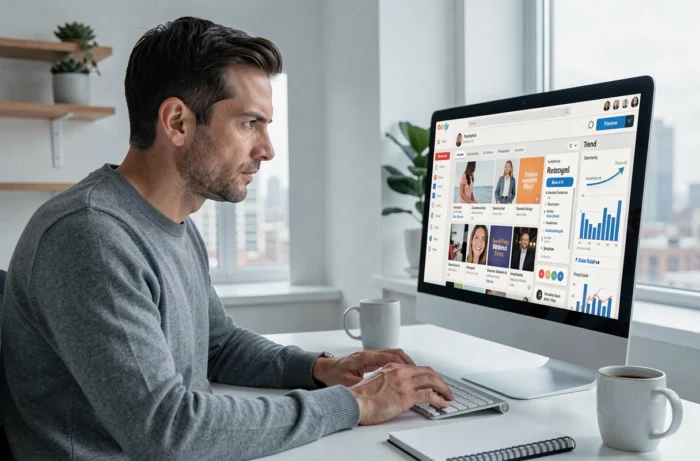 Entrepreneur masculin travaillant sur une stratégie de médias sociaux et un calendrier de contenu de marque depuis son bureau à domicile