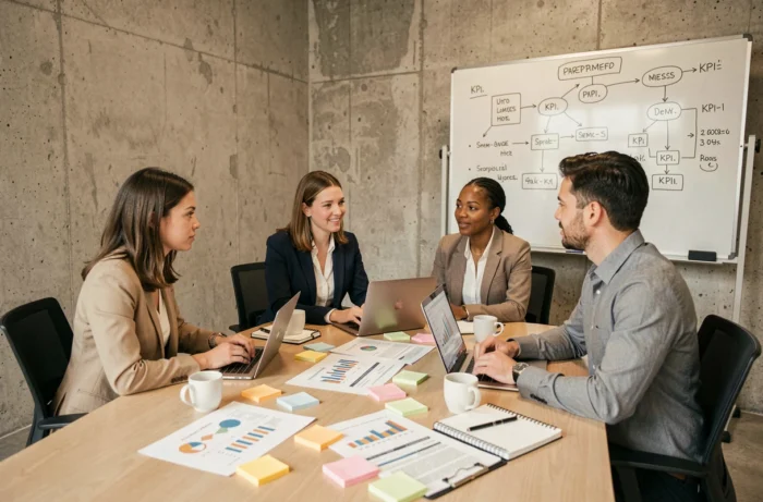 Équipe de consultants en réunion stratégique autour de rapports de performance digitale dans une salle de conférence moderne
