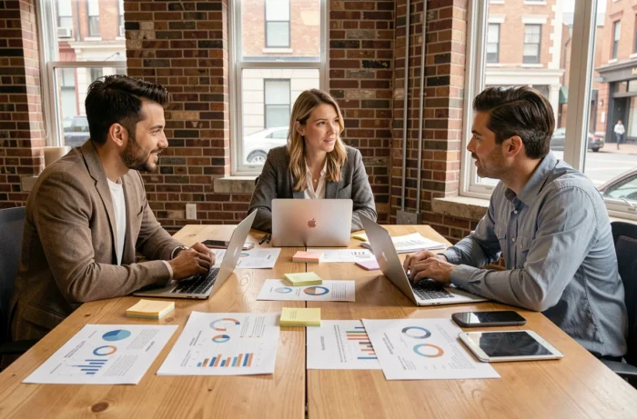 Équipe marketing multiculturelle collaborant autour d'une table de réunion avec des documents de stratégie de contenu et des ordinateurs portables