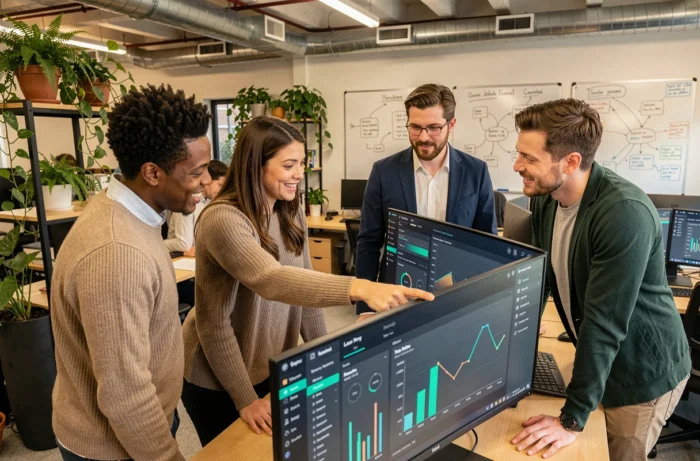 Équipe de collègues analysant les dernières tendances technologiques et web sur un écran dans un espace de coworking