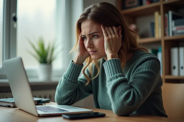 Femme frustrée devant son ordinateur portable affichant une erreur bancaire de la Caisse d'Épargne