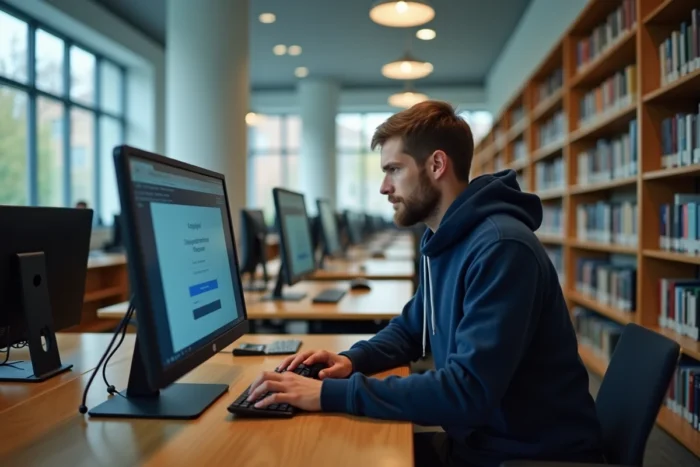 Étudiant accédant à sa messagerie académique Strasbourg depuis une bibliothèque universitaire