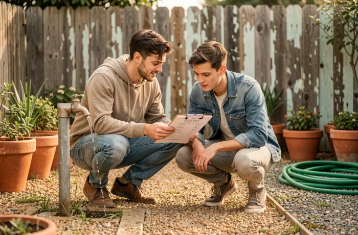 Couple évaluant leur consommation d'eau dans le jardin avec une liste de contrôle