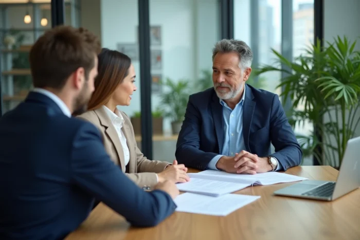 Expert en crédit immobilier expliquant un dossier de prêt à un couple dans un bureau moderne