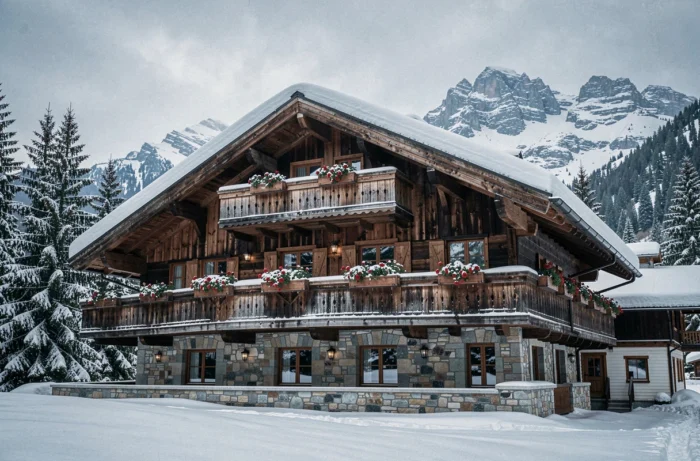 Façade extérieure d'un hôtel-chalet savoyard sous la neige en montagne, avec balcons en bois sculptés et sapins enneigés