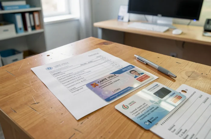 Vue de dessus d'un bureau médical avec une facture d'IRM pelvienne, une carte Vitale et une carte de mutuelle pour illustrer le remboursement