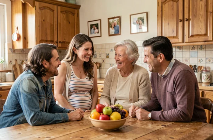 Famille multigénérationnelle réunie autour d'une table de cuisine, avec une femme enceinte en top rayé entourée de proches souriants