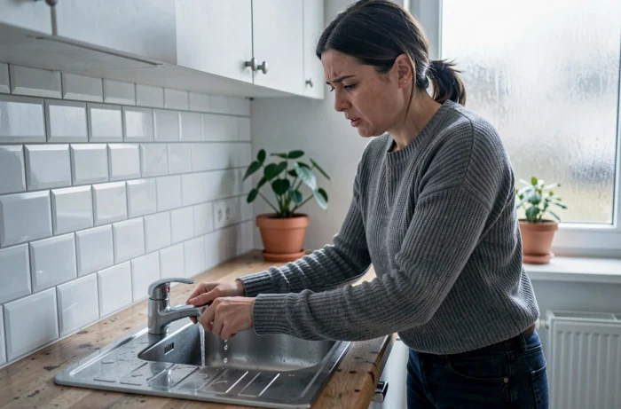 Femme constatant l'absence d'eau chaude à son robinet suite à une panne de chaudière