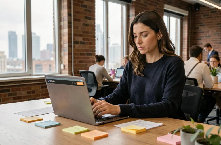 Femme professionnelle consultant les dernières actualités tech sur un ordinateur portable dans un bureau moderne