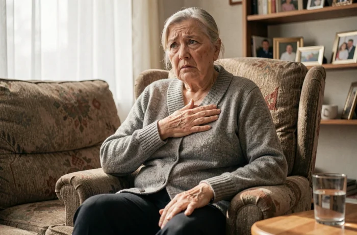 Femme âgée à domicile tenant sa poitrine, symptôme d'insuffisance cardiaque en phase terminale