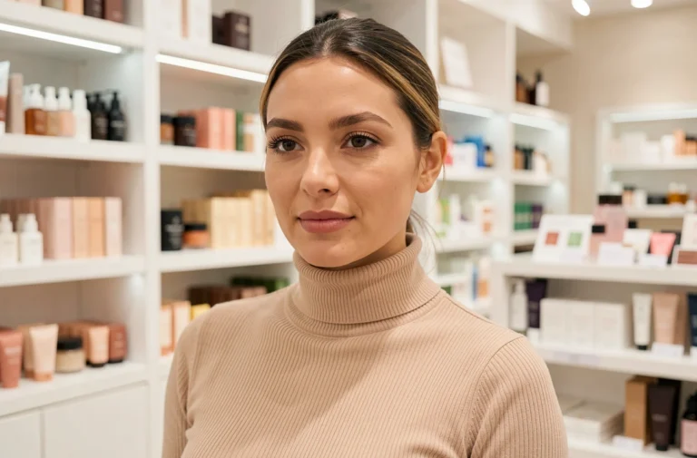 Femme aux soins de beauté dans une boutique Ulta Beauté entourée de produits cosmétiques tendance