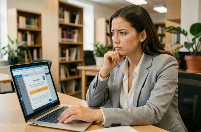Femme consultant son webmail académique avec un message d'erreur affiché sur l'écran de son ordinateur portable