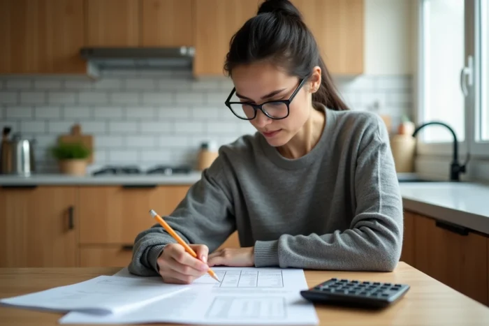 Femme calculant la conversion de m3 en kWh pour sa facture de gaz à domicile