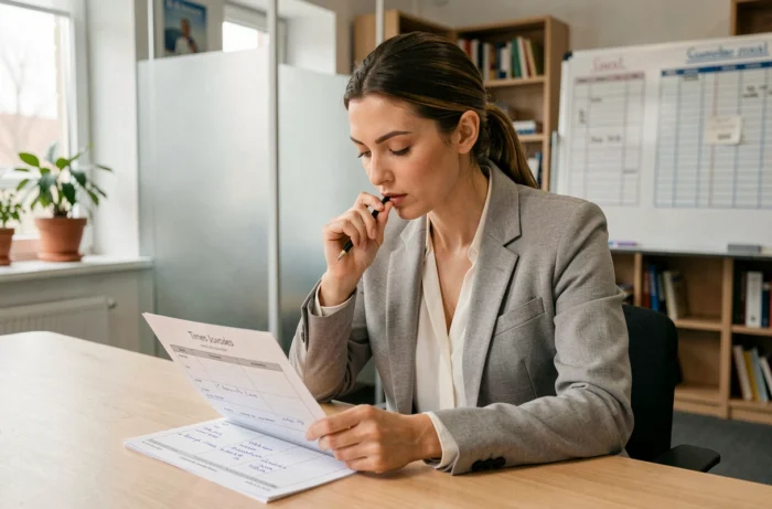 Femme en blazer gris révisant une feuille de calcul des heures de travail à son bureau avec un crayon