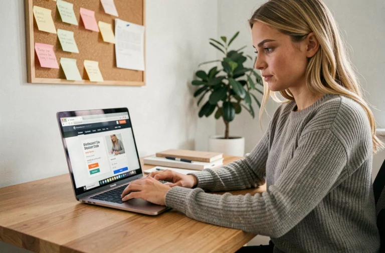 Jeune femme utilisant des codes promotionnels sur son ordinateur portable dans un bureau à domicile organisé