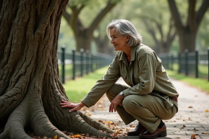 Femme contemplant l'écorce rugueuse d'un vieux catalpa dans un jardin botanique historique, ambiance documentaire