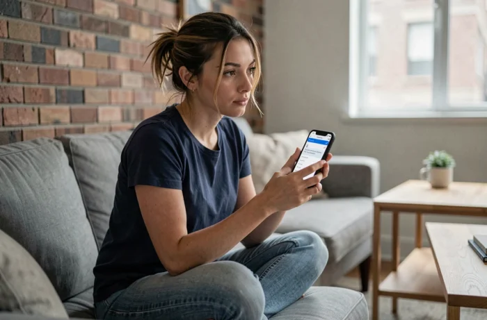 Jeune femme recherchant comment contourner les blocages internet sur son smartphone dans son appartement