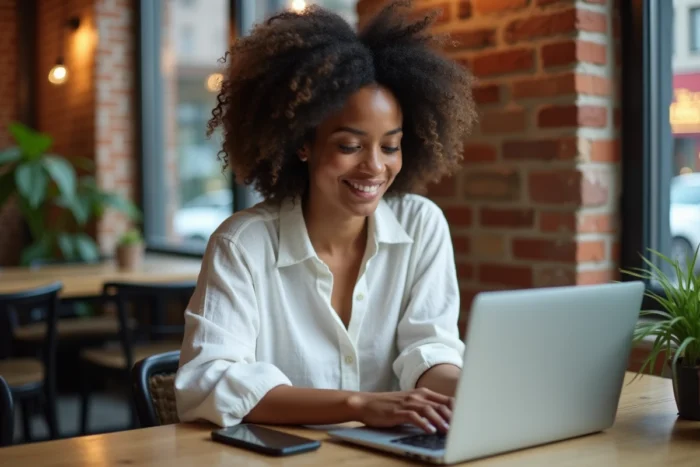 Femme analyste en crypto-trading consultant des données blockchain sur ordinateur portable dans un café urbain contemporain