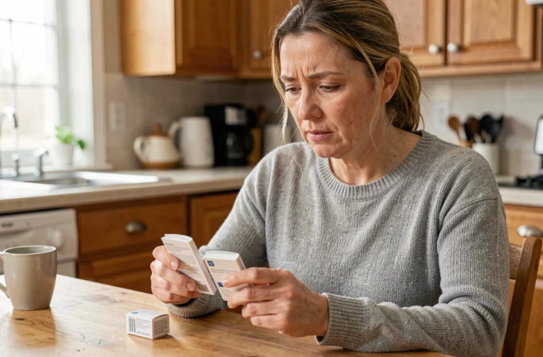 Femme lisant les notices de deux médicaments Doliprane et Aerius posés sur une table en bois