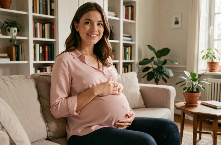 Femme enceinte souriante assise dans un salon cosy, les mains posées sur son ventre arrondi, ambiance chaleureuse d'appartement français