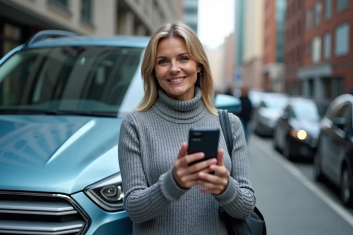 Femme utilisant l'application FordPass pour synchroniser la navigation connectée avec son véhicule Ford