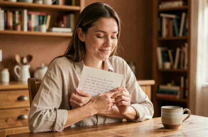 Femme tenant une lettre manuscrite contre sa poitrine dans une cuisine chaleureuse, symbolisant un lien émotionnel fort à distance