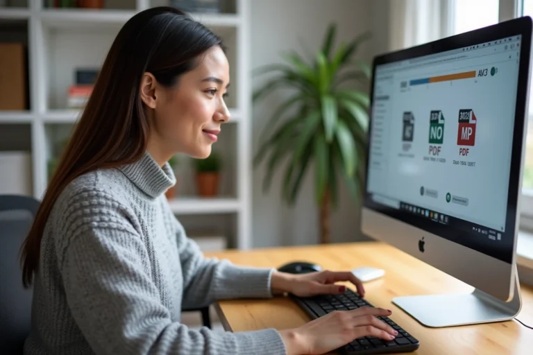 Femme utilisant un logiciel de conversion de fichiers sur ordinateur de bureau à domicile