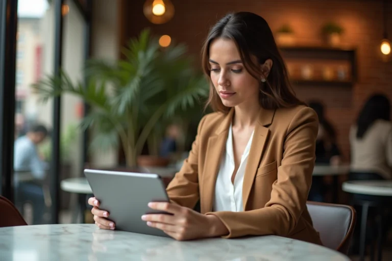 Femme élégante consultant un magazine en ligne sur tablette dans un café moderne tendance