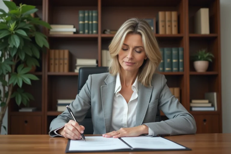 Femme notaire examinant un modèle pré-état daté pour une mutation en copropriété dans un bureau professionnel