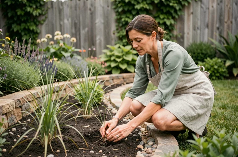 Femme plantant des graminées ornementales dans un jardin paysager avec bordures de pierres et végétation variée