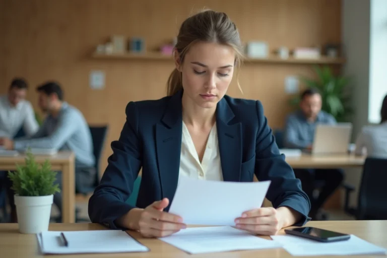 Femme professionnelle en blazer marine révisant son CV dans un espace de coworking moderne