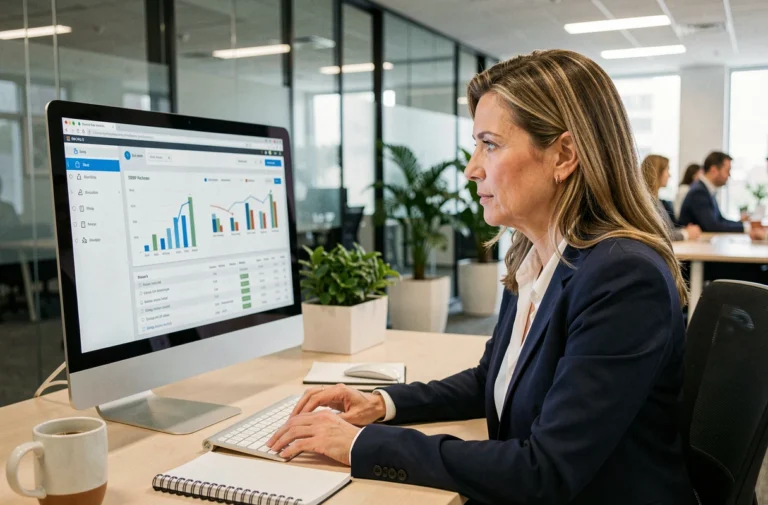 Femme professionnelle utilisant le logiciel Dynamics NAV sur un écran d'ordinateur dans un bureau moderne