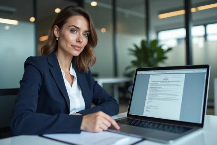 Femme professionnelle sécurisant un contrat numérique depuis son espace client en ligne sur laptop