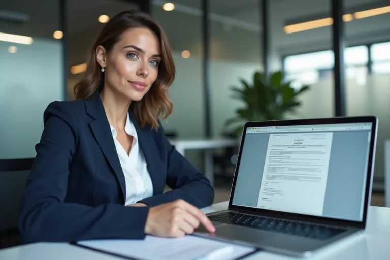 Femme professionnelle sécurisant un contrat numérique depuis son espace client en ligne sur laptop