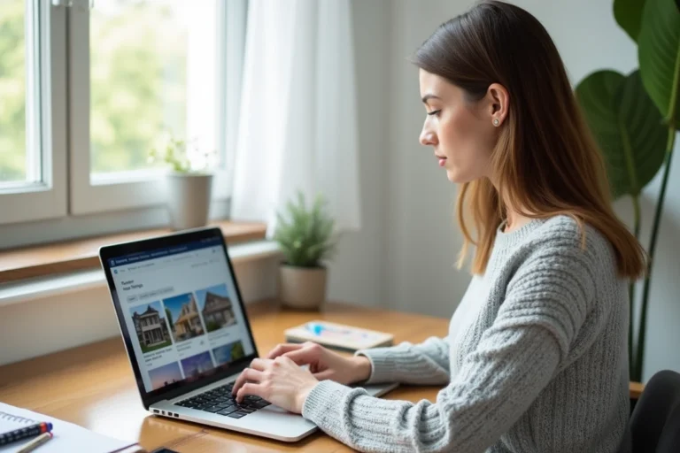 Femme consultant un portail immobilier en ligne depuis son bureau à domicile pour rechercher un bien