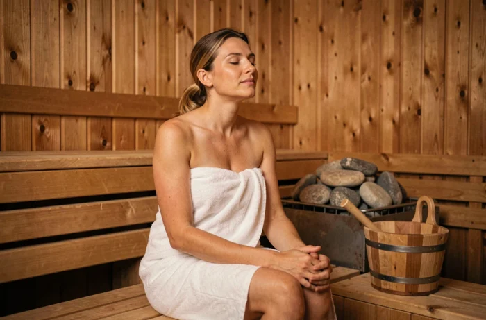 Femme détendue assise dans un sauna finlandais traditionnel en bois de cèdre, enveloppée dans une serviette blanche, les yeux fermés en état de relaxation profonde